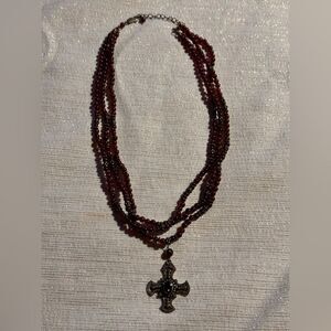 Dark Red Three Strand Cross Necklace